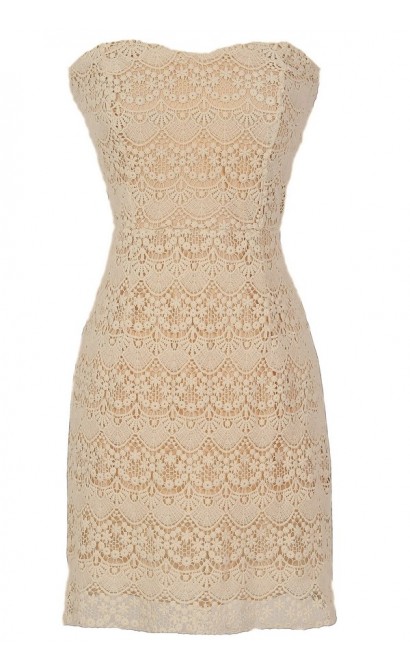 Beige Crochet Lace Strapless Dress by Ark and Co